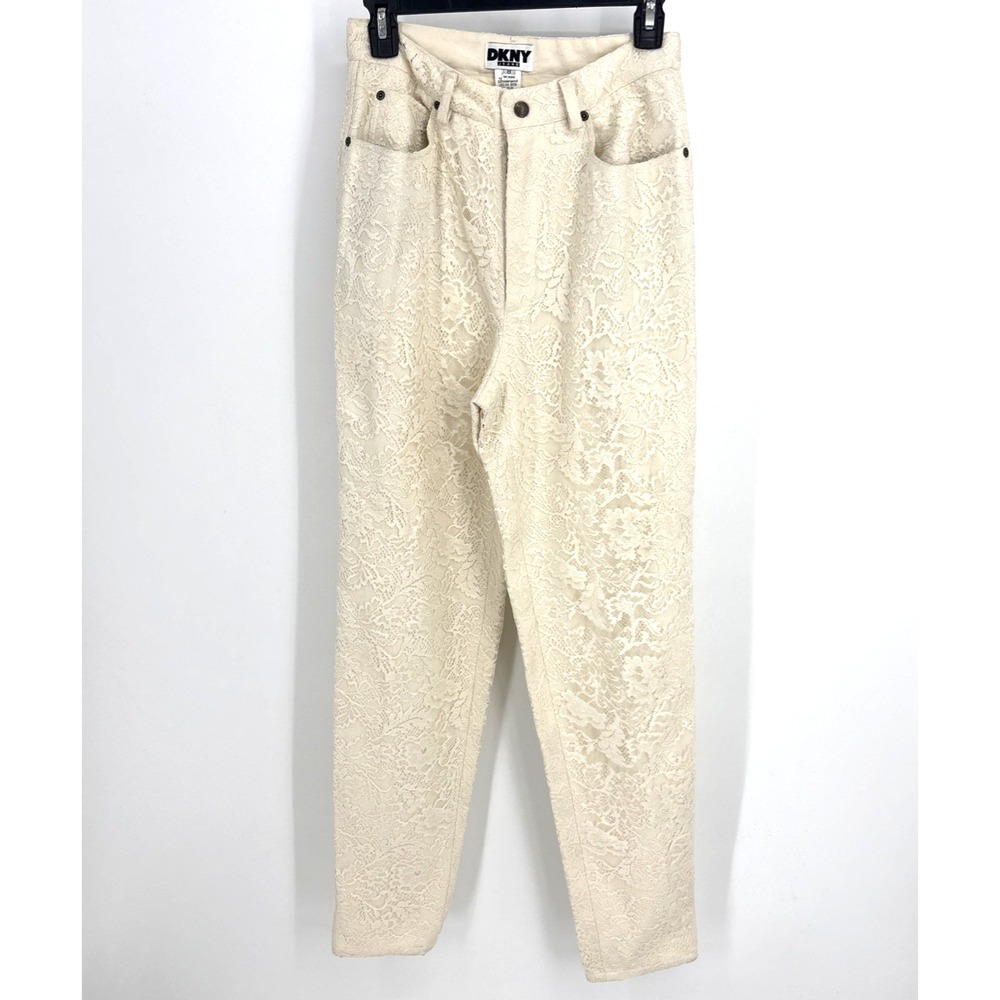 Y2K DKNY Floral Ivory Lace Pants Jeans 26" Coquette Romantic Whimsy Feminine VTG